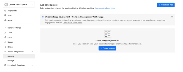 Webflow apps and integrations page exposing third party app ecosystem with categorized integrations for analytics marketing forms payments and other functional extensions plus create app feature enabling teams to build custom apps when needed integrations do not exist in the marketplace