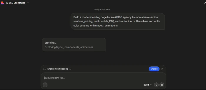 Lovable dev processing screen exposing build status during AI website generation showing progress indicators and status updates while the platform generates React code for the landing page from the natural language prompt across multiple sections and design directives