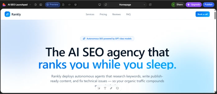 Lovable dev built landing page result exposing generated AI SEO agency site with hero services pricing testimonials FAQ and contact form sections rendered in blue and white color scheme with smooth animations plus multi screen preview toggle for desktop tablet and mobile viewing modes and open in new tab capability for real time performance verification