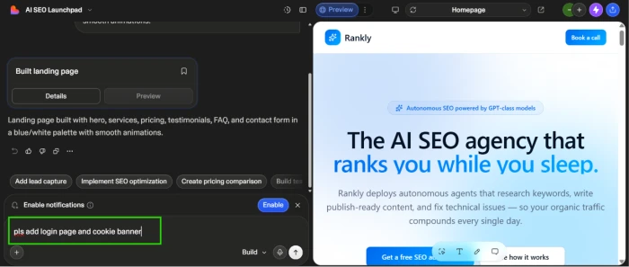 Lovable dev iterative feature addition workflow exposing follow up command input field where user enters natural language description of new features to add such as login page and cookie banner with AI processing the request against the existing generated site codebase for incremental additions