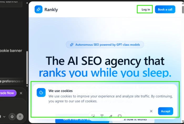 Lovable dev iterative addition result exposing successfully added login page component and cookie banner to the existing AI SEO agency landing page from the 8 word follow up command showing both new features integrated into the site structure with functional login form and consent banner overlay