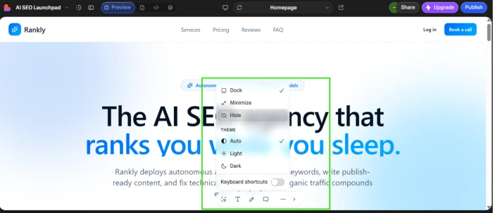 Lovable dev editor interface exposing direct editing capabilities for the generated site with element selection tools text editing controls image swap options and layout modification features supporting manual precision changes alongside AI driven prompt based modifications for hybrid workflow