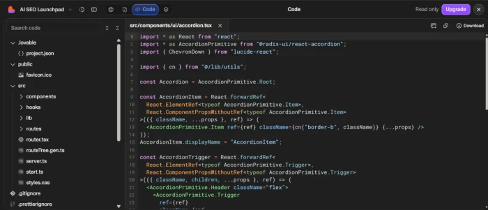 Lovable dev code access panel exposing full source code view of the generated React based website with download button for full codebase export and copy functionality for individual file copying enabling users to migrate off platform to their own hosting or continue development in local IDE
