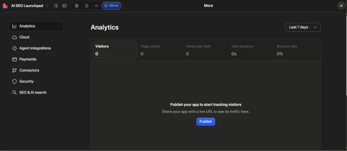 Lovable dev integrations panel exposing eight ecosystem categories including analytics cloud hosting agent integration payments connectors security SEO and AI search categorized for extending generated sites with third party services and platform features across marketing analytics infrastructure and monetization use cases