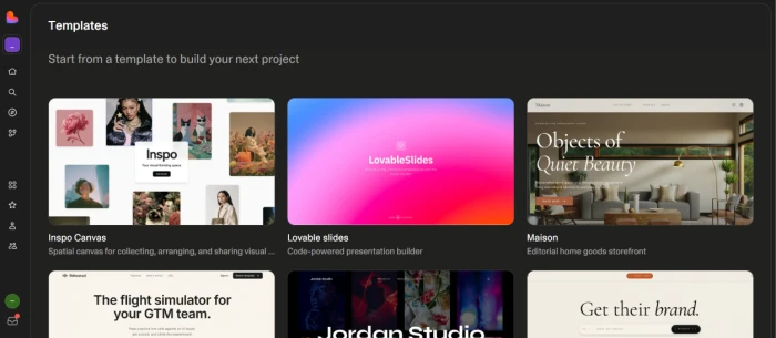 Lovable dev templates gallery exposing curated collection of pre built site starting points across categories including landing pages SaaS marketing e commerce portfolios and business sites with preview thumbnails and one click template application for accelerating build workflow beyond blank prompt starting point