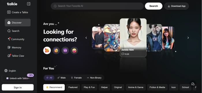 Talkie AI homepage exposing AI companion platform positioning with hero section and character discovery feed targeting users seeking interactive virtual companions beyond text chat with roleplay features community mechanics and creator tools for publishing characters
