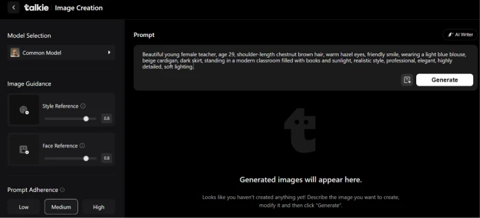 Talkie AI image generation interface exposing prompt input field with detailed teacher character description covering age hair color eye color clothing scene setting art style directives and lighting instructions for AI powered character portrait generation during character creation workflow