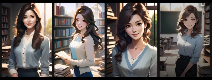 Talkie AI image generation result showing four distinct portrait variations of the teacher character rendered from the single 42 word prompt with each variation offering different framing pose expression and background composition plus regenerate button for producing additional variations if none match creator intent
