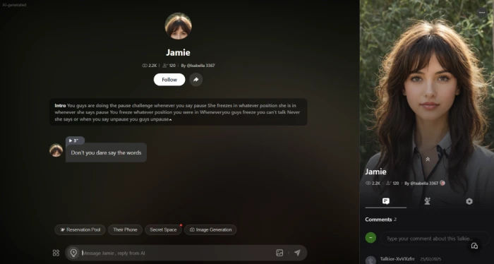 Talkie AI chat dashboard exposing multi mode interaction interface with reservation pool their phone secret space image generation features plus community comment thread on right side panel and chat settings controls for customizing conversation experience across five distinct engagement modes beyond basic text messaging
