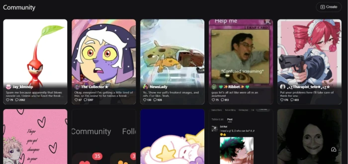 Talkie AI community feed exposing social post creation and browsing interface where users share screenshots roleplay experiences character recommendations and community discussion around AI companions with engagement mechanics like likes comments and shares