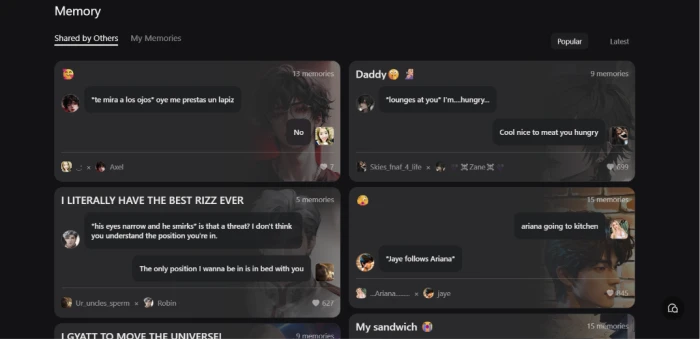 Talkie AI memory sharing feature exposing dual view of user own conversation memories plus memories shared by other users on the platform enabling social layer around AI companion conversations and cross user memory discovery beyond private single user memory storage