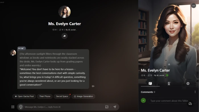 Talkie AI post review confirmation showing character approved and ready to chat with community and creator profile view exposing chat initiation flow after moderation approval completes for published character on the platform