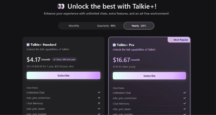 Talkie AI pricing page screenshot showing yearly billing tab active with Talkie plus Standard at 4 dollars 17 cents per month first year with extra 50 percent off first year badge crossed out 95 dollar 99 cent original price and 49 dollar 99 cent for 1 year 95 dollar 99 cent per year after plus Talkie plus Pro at 16 dollars 67 cents per month with 199 dollar 99 cent billed yearly plus Most Popular badge and feature comparison lists