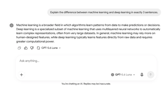Chatbot App free tier chat window answering a request to explain the difference between machine learning and deep learning in exactly three sentences, with the response rendered in three complete sentences inside a standard assistant message bubble