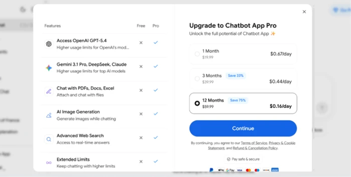 Chatbot App upgrade comparison screen splitting Free from Pro, listing premium model access, file chat, image generation and advanced web search as Pro only features, with monthly, three month and twelve month payment options displayed