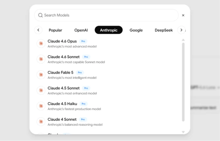 Chatbot App model selector open on the Anthropic provider tab, listing Claude 4.6 Opus, Claude 4.6 Sonnet, Claude Fable 5 and several older Claude builds, with every entry carrying a Pro badge indicating the free account cannot select it