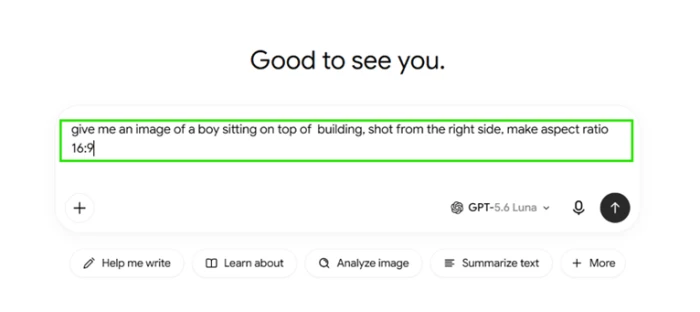 Chatbot App composer on the free plan with an image generation request typed into the message box, describing a boy sitting on top of a building shot from the right side at a sixteen by nine aspect ratio