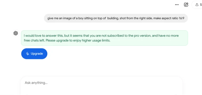 Chatbot App responding to an image generation request with a conversational message in the assistant persona saying it would love to help but the account is not subscribed to Pro and has no free chats remaining, recommending an upgrade for higher limits
