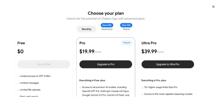 Chatbot App in-app choose your plan screen showing Free at zero dollars as the current plan, Pro at nineteen dollars ninety nine per month with a Popular badge, and Ultra Pro at thirty nine dollars ninety nine per month, above a billing toggle offering monthly, quarterly with 34 percent saving and yearly with 76 percent saving