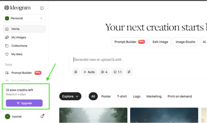 Ideogram sidebar on a free account showing 12 slow credits remaining, a four-day reset timer, and an Upgrade button