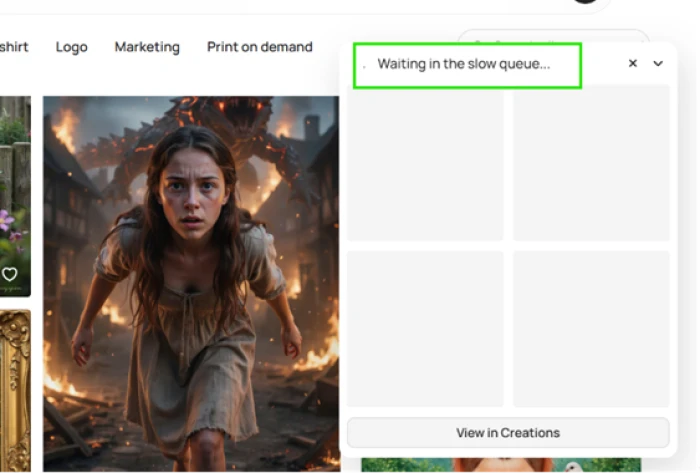 Ideogram free-tier slow queue showing a Waiting in the slow queue panel with empty placeholder tiles