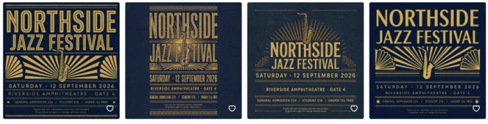Four generated art deco jazz festival posters, each with a legible NORTHSIDE JAZZ FESTIVAL headline, ticket tiers and fine print