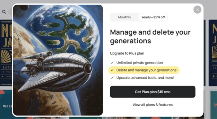 Ideogram popup stating that deleting and managing your own generations is a Plus-plan feature at 15 dollars per month