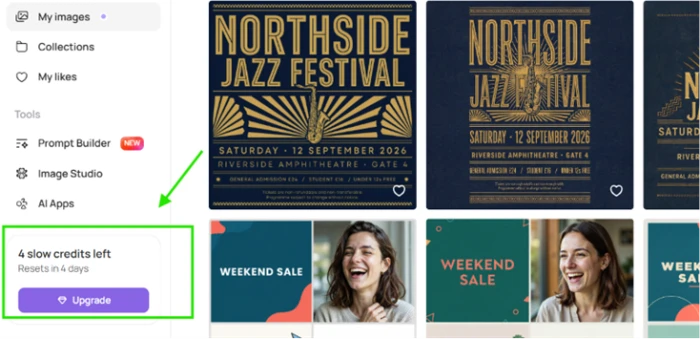 Ideogram sidebar showing 4 slow credits remaining after one four-image prompt