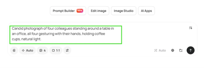 Ideogram prompt for a candid office photograph of four colleagues gesturing and holding coffee cups