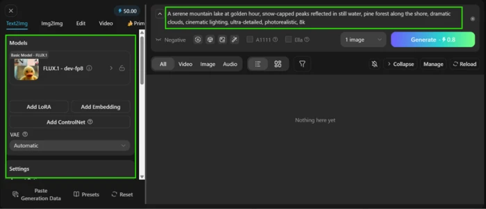 Tensor.Art generation workspace on a new free account with the daily credit balance visible above the prompt box