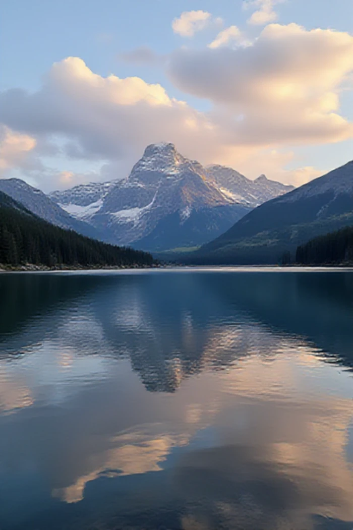 Detailed landscape generated on FLUX.1-dev showing sharp reflections and believable light on the first attempt