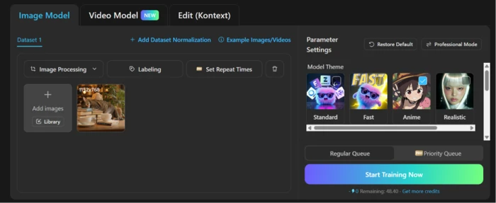 Tensor.Art online LoRA training panel showing dataset upload beside theme presets and queue settings