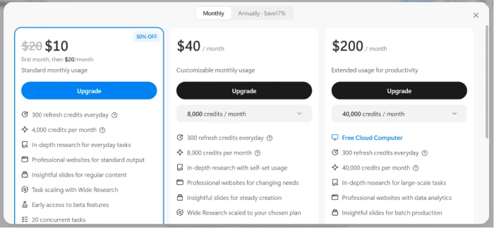 Manus in-app upgrade screen showing three paid tiers at 10 dollars, 40 dollars and 200 dollars per month with credit allowances
