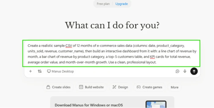 Manus chat interface showing the opening dashboard prompt typed into the input box
