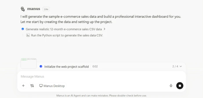 Manus breaking the dashboard request into a numbered list of subtasks in its task panel
