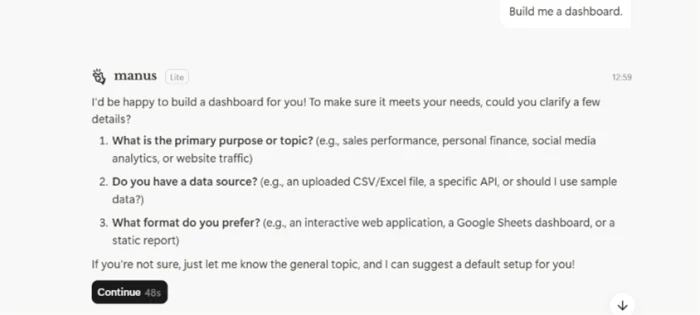 Manus responding to a vague dashboard prompt with clarifying questions about purpose and data source