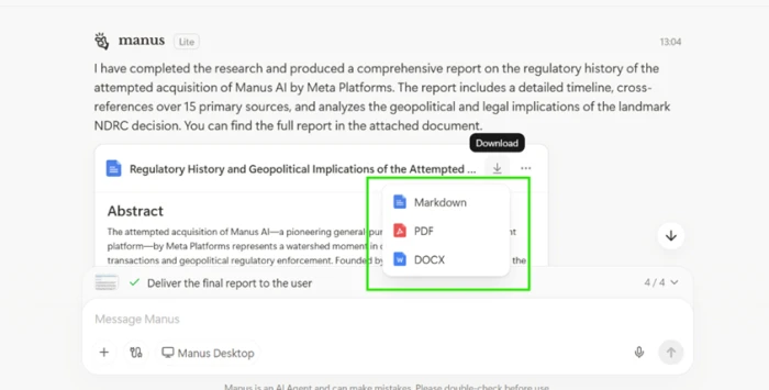 Finished Manus report with an abstract, timeline, section headings and export buttons for PDF and Word