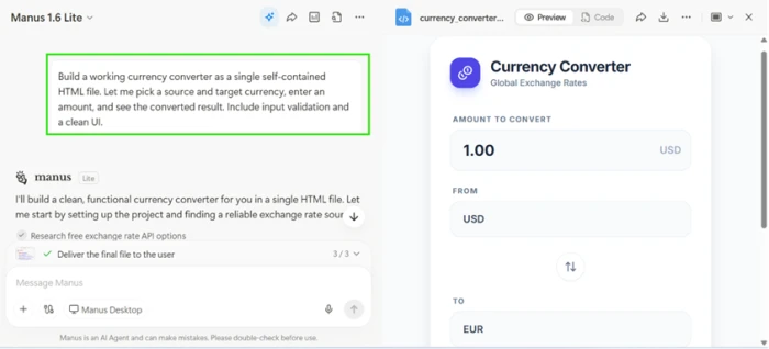 Rendered Manus currency converter with amount field, source and target currency selectors and a swap button