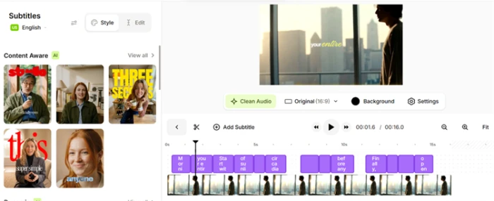 VEED editor showing auto-generated subtitles with a row of Content Aware caption style suggestions above the subtitle editor