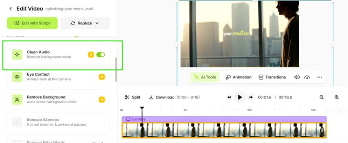 VEED AI Tools panel with Clean Audio shown next to Eye Contact and Background Removal options