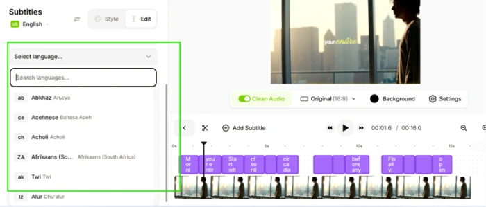 VEED subtitle language dropdown showing a long searchable list of translation languages