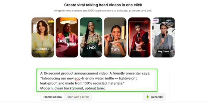 VEED Idea-to-Video screen with a plain text script entered and a generate control ready