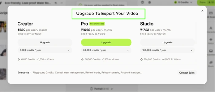 VEED Upgrade To Export Your Video modal blocking the download of the finished AI video and listing paid tiers