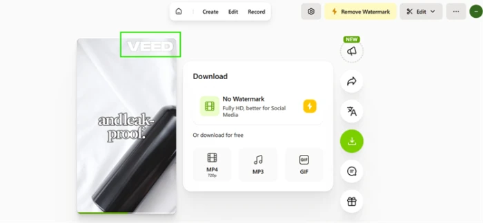 VEED free video download carrying a large watermark across the top of the frame, with a Remove Watermark option marked by a lightning bolt icon