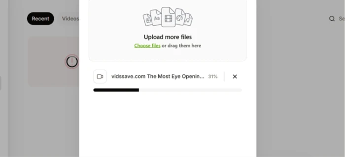 VEED asset upload progress stalled at 31 percent with no time estimate shown