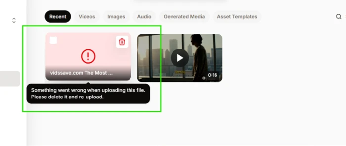 VEED generic upload error message stating that something went wrong and asking the user to delete and re-upload the file