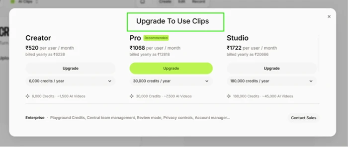 VEED Upgrade To Use Clips modal blocking the AI Clips feature entirely with no free trial offered