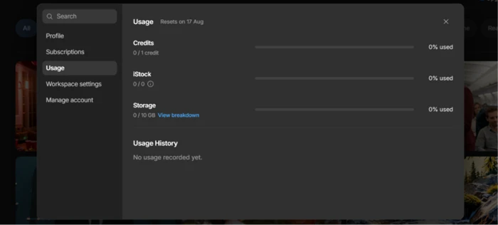 invideo usage panel on a new free account showing a balance of 1 credit and 10GB of storage untouched