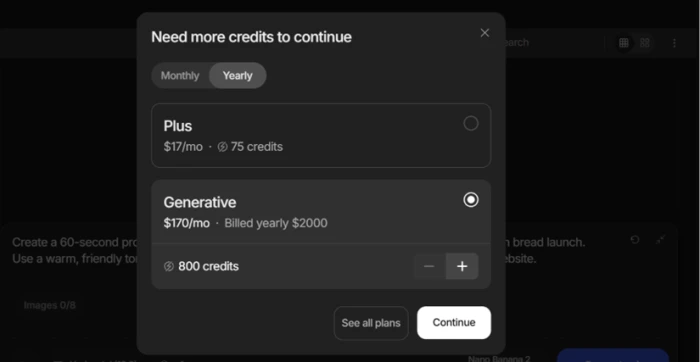 invideo upgrade prompt offering the Plus and Generative plans with their monthly credit allowances
