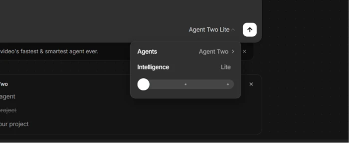Agent Two Intelligence slider set to Lite with two higher unlabelled tiers and no credit costs shown
